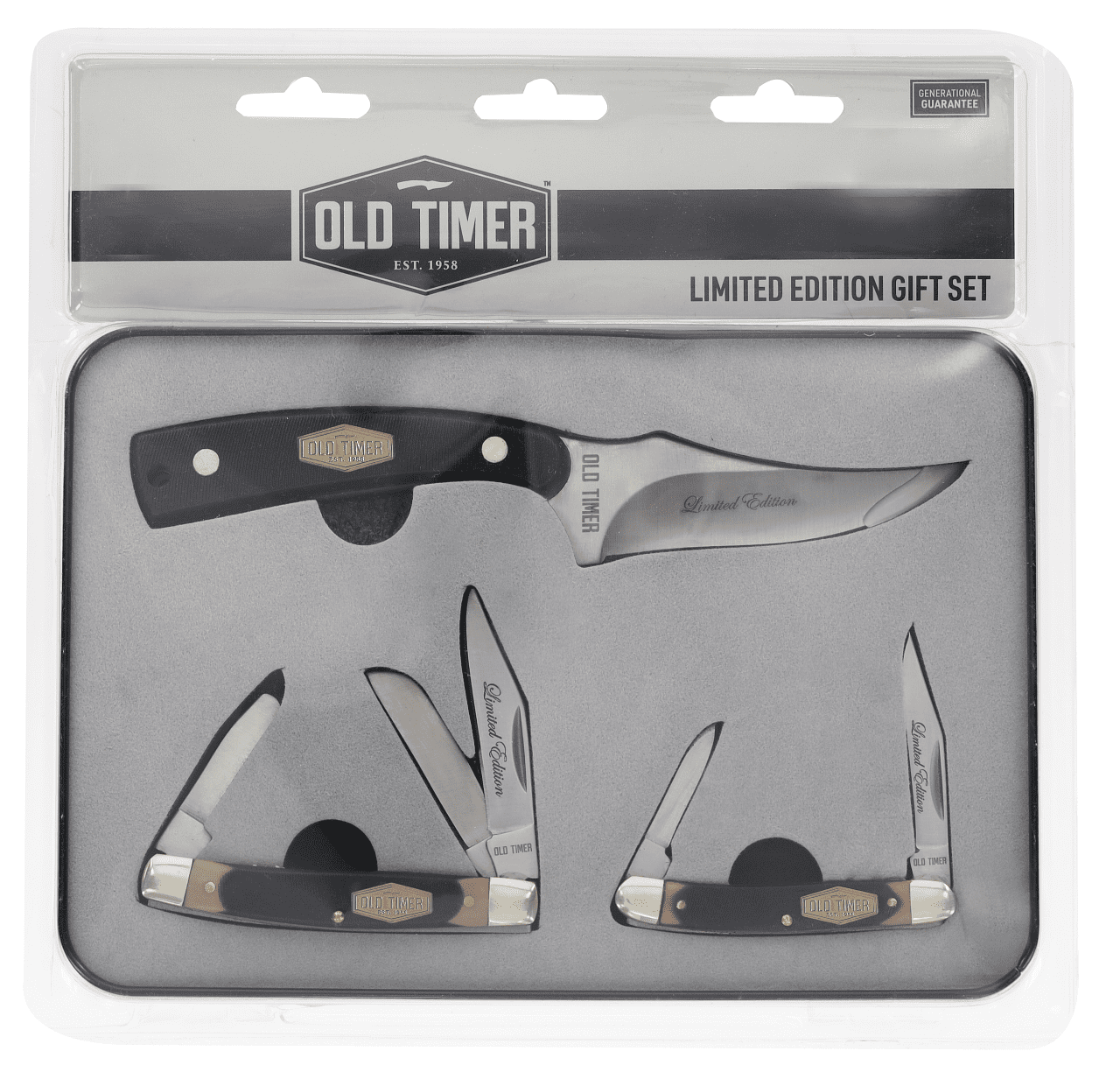 Old Timer Limited Edition 3pc Gift Tin, Sharpfinger, 3-Blade Middleman & 2-Blade Small Canoe Knife Set with Classic Old Timer Sawcut Handles, Sharpfinger Sheath and Collectible Gift Tin.