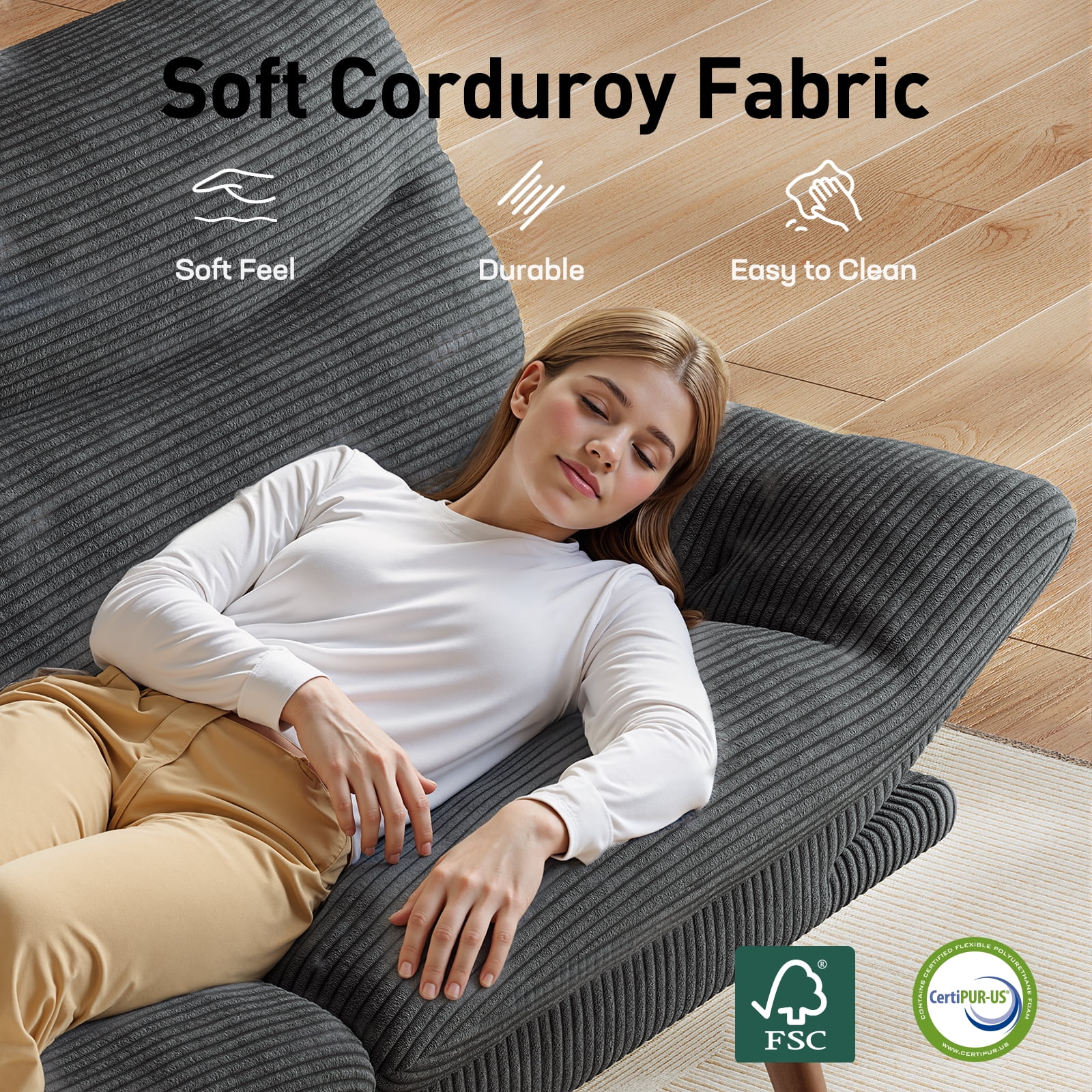 CHITOOMA 66" Futon Sofa Bed with Adjustable Backrest and 6-Level Armrests, Grey Corduroy Convertible Futon Couch, Comfy Loveseat for Small Spaces, Apartment or Office