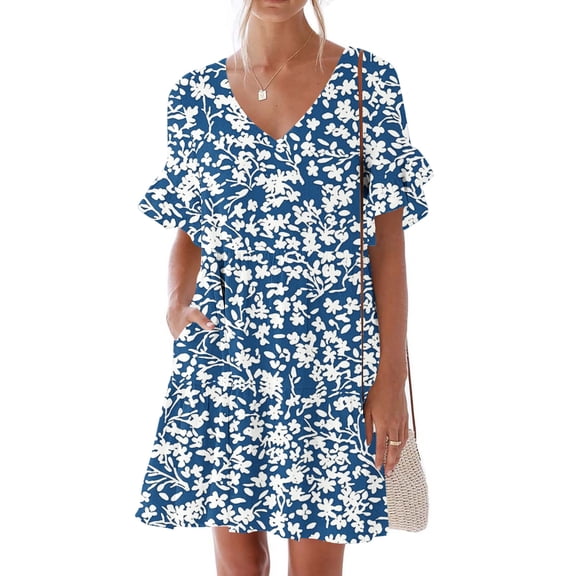 Vetsdori Short Sleeve Mini Dresses for Junior Summer Beach Sundress Holiday Pleated,Floral Print Party Tunic Womens Dress Mujer