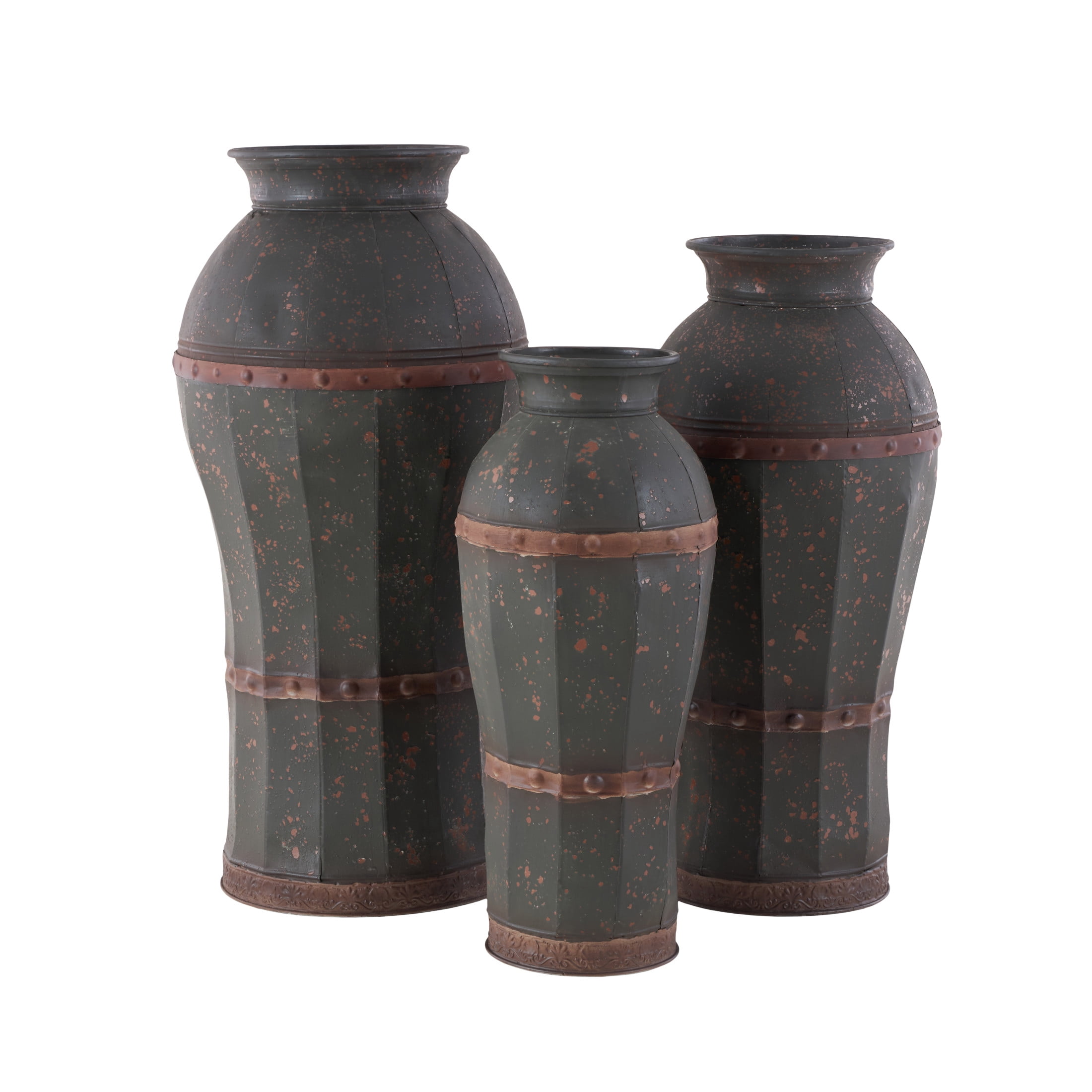 DecMode 37", 33", 29"H Distressed Dark Gray Metal Vase with Rivet Details, Set of 3