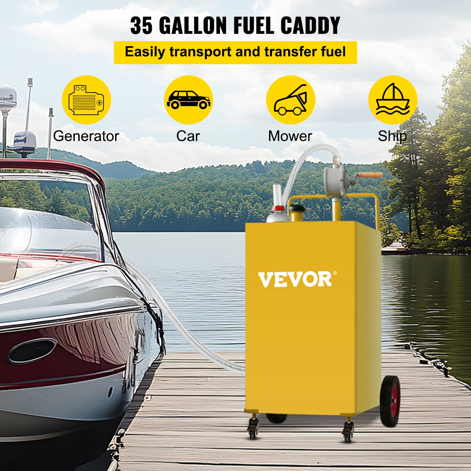 SKYSHALO 35 Gallon Gas Caddy, Fuel Storage Tank with 4 Wheels, Portable Fuel Caddy with Manuel Transfer Pump, Gasoline Diesel Fuel Container for Cars, Lawn Mowers, ATVs, Boats, More, Yellow