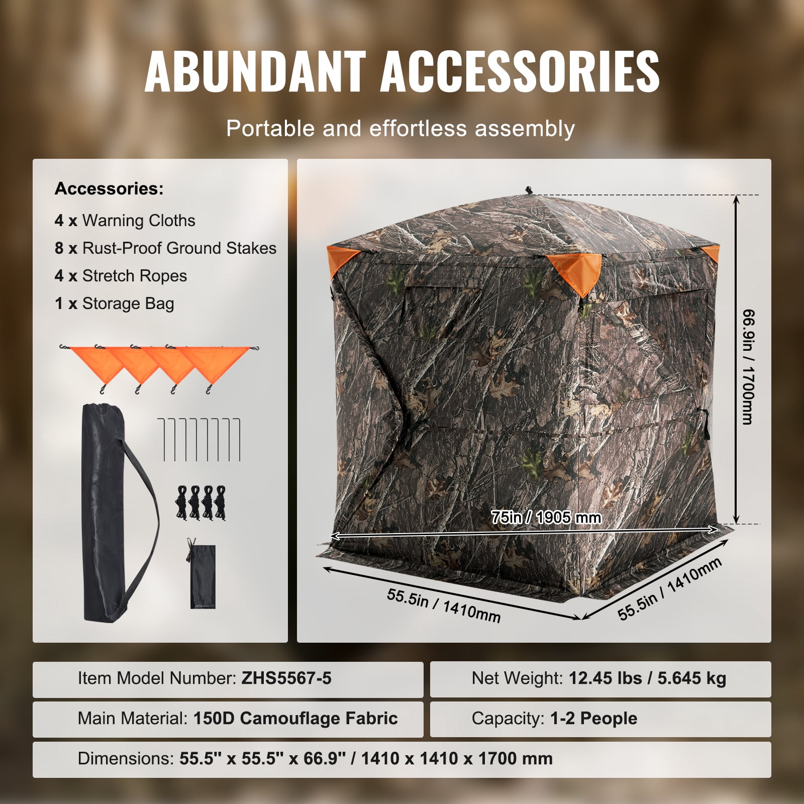 KFFKFF Hunting Shelter, 270° Visibility Ground Shelter, 1-2 Person Quick Setup Hunting Hideout with Transport Bag, Durable Outdoor Hunting Hub, 3 Side Windows for Turkey and Deer Stalking