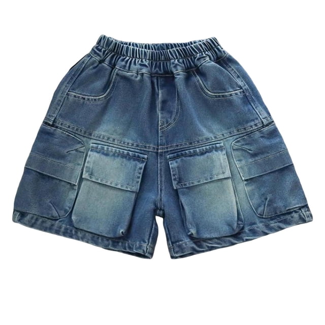 Niñas Pantalones Cortos de Denim Color Sólido Cintura Elástica Casual Multi Bolsillo Shorts de Ropa de Trabajo para Niños Verano