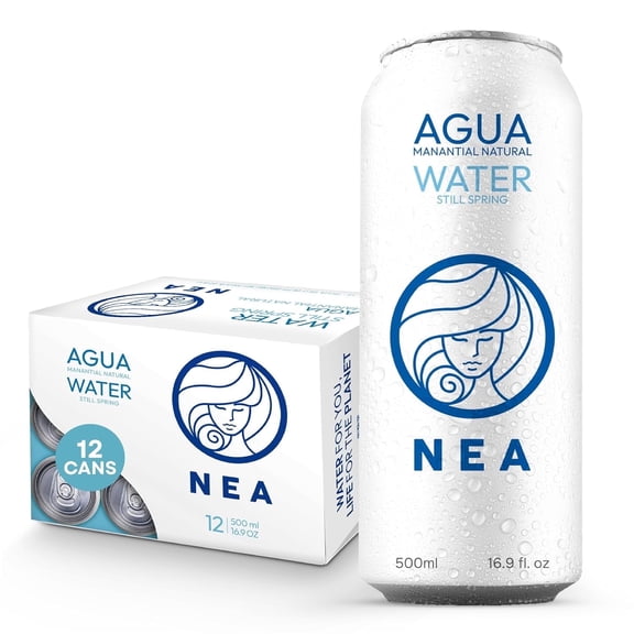 NEA Canned Water – Pure Spring Water in Cans from the Austrian Alps – Natural Mineral Drinking Water – 16.9oz Can – Plastic-Free Boxed 12-Pack