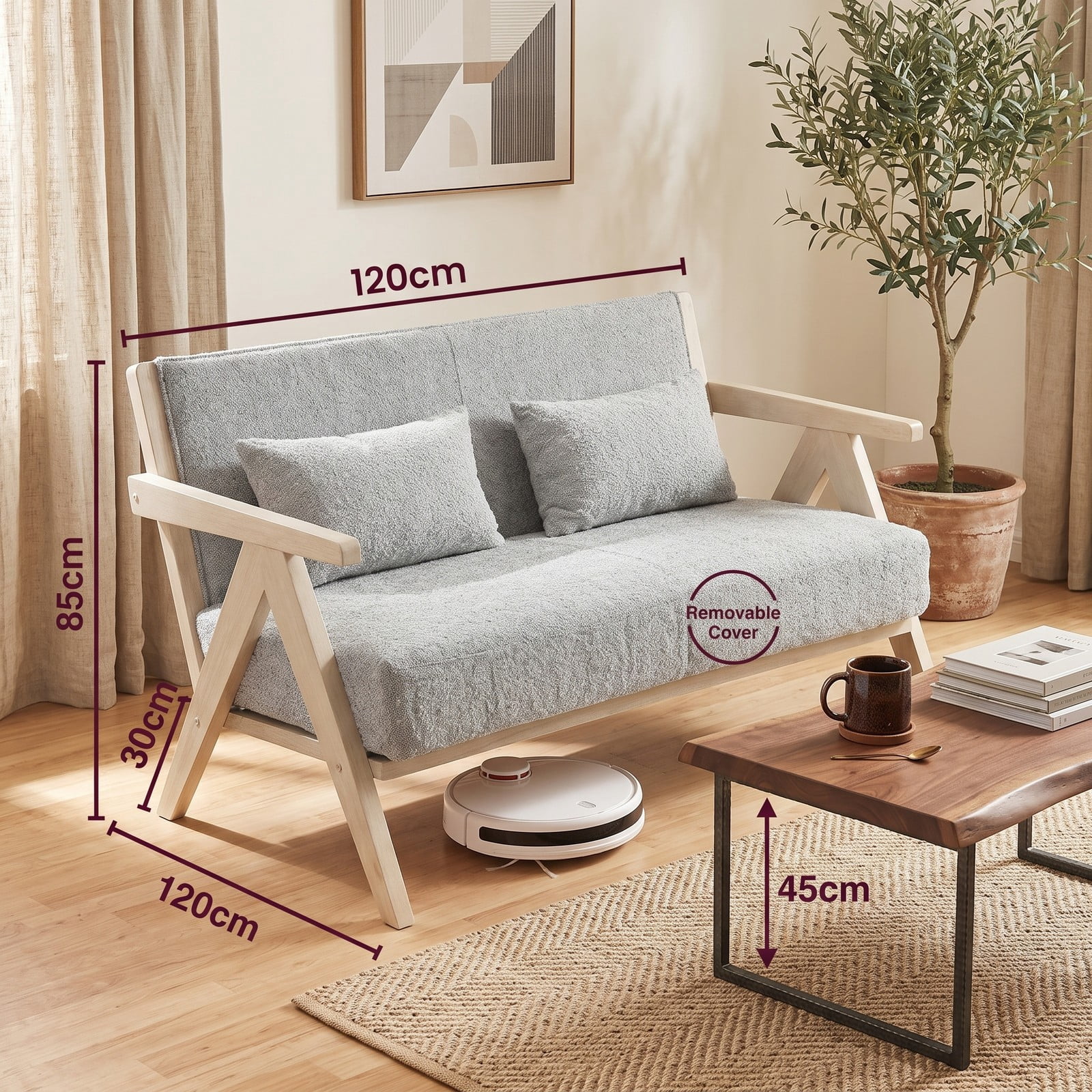 Furnibear Loveseat Sofa for Small Spaces, Modern 2-Seater Upholstered Chenille Couch with 2 Throw Pillows, Rubber Wood Frame, Pocket Spring Padded Seat for, Gray