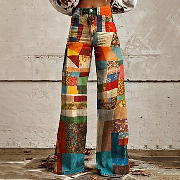 Orange Women's Casual Pants, 2025 New Summer Flower Wide Leg Pants Lightweight And Loose Casual Colorful Pants Imitation Jeans,Women's Casual Pants S