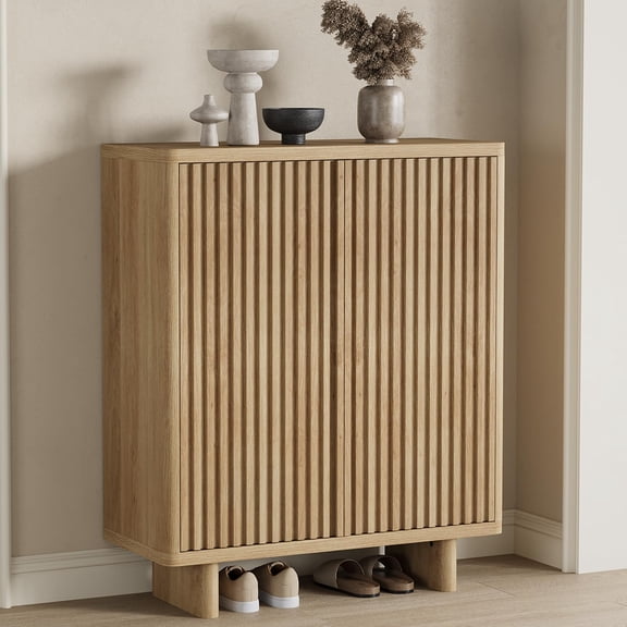 Danolapsi 5-Tier Storage with 4 Adjustable Shelves,31.6 Inch Shoe Cabinet with Fluted Door, Rustic Entryway Shoe Bench for Hallway & Foyer