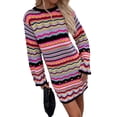 thumbnail image 4 of Women Long Sleeve Crochet Dress Boho Casual Hollow Out Striped Short Dress Knit Sweater Mini Dress, 4 of 7