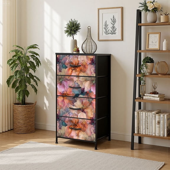 4 Drawer Vertical Storage Dresser Colorful dye print hand drawn boho batik Ink textured with Wood Top Fabric Pull Drawers