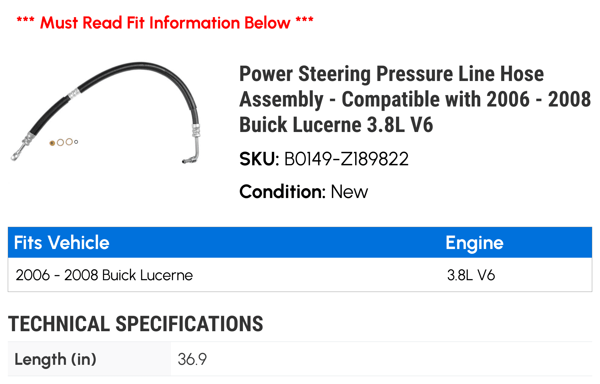 Power Steering Pressure Line Hose Assembly - Compatible with 2006 - 2008 Buick Lucerne 3.8L V6 2007
