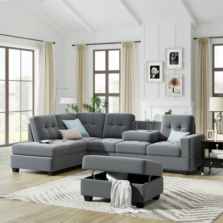 Grey sectional 2024 with cup holders