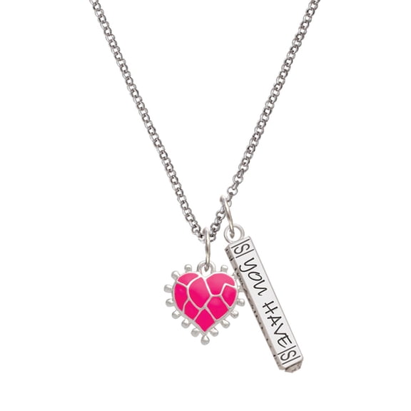 Delight Jewelry Silvertone Hot Pink Giraffe Print Heart Silvertone Live the Life You Have Imagined Bar Charm Necklace, 23"