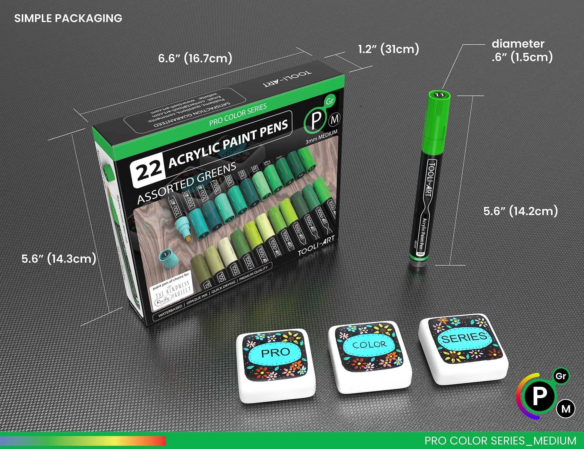22 Acrylic Paint Pens (GREENS) Pro Color Series Set 3mm Medium