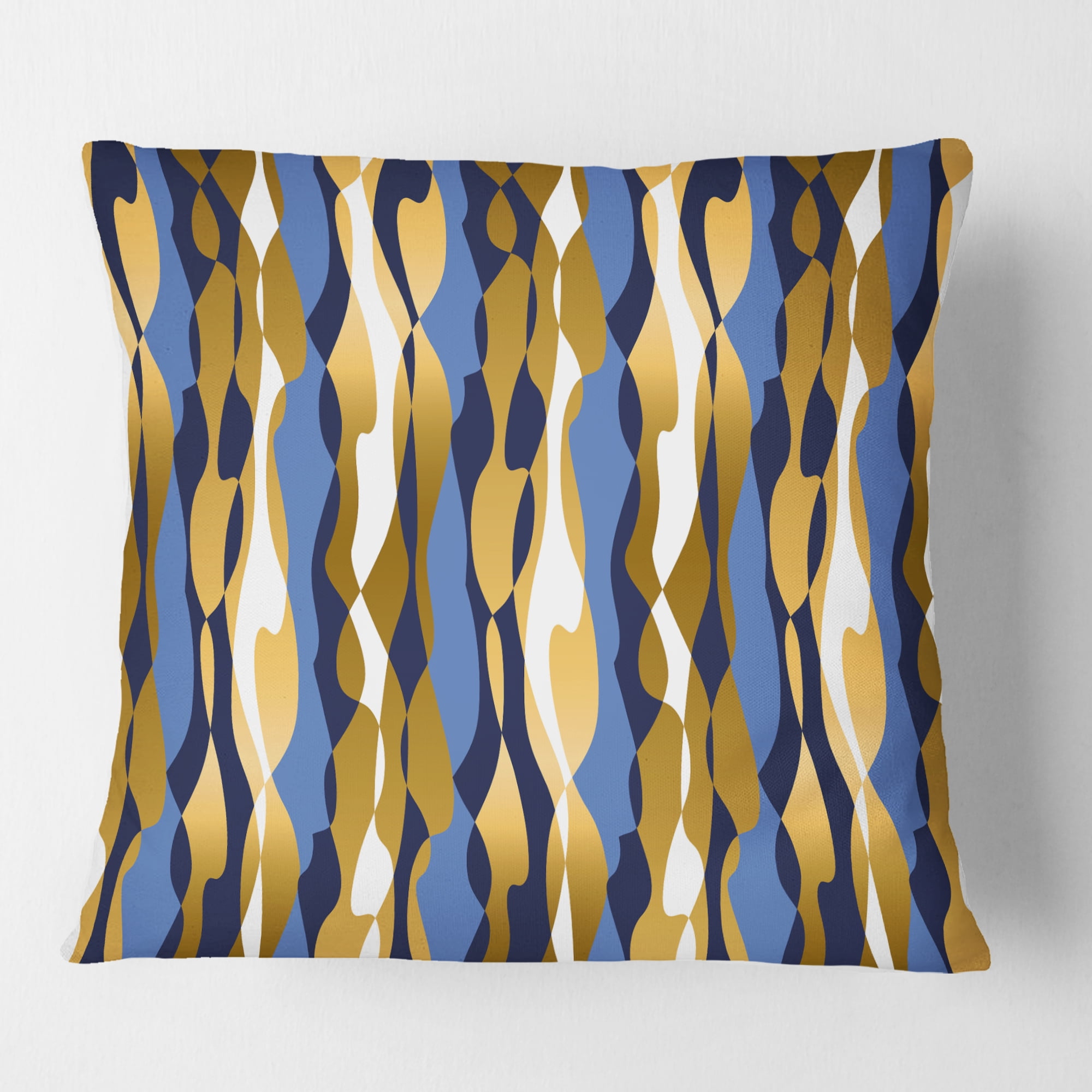 Designart Retro Luxury Waves In Gold And Blue I' Mid-Century Modern Throw Pillow - 16x16