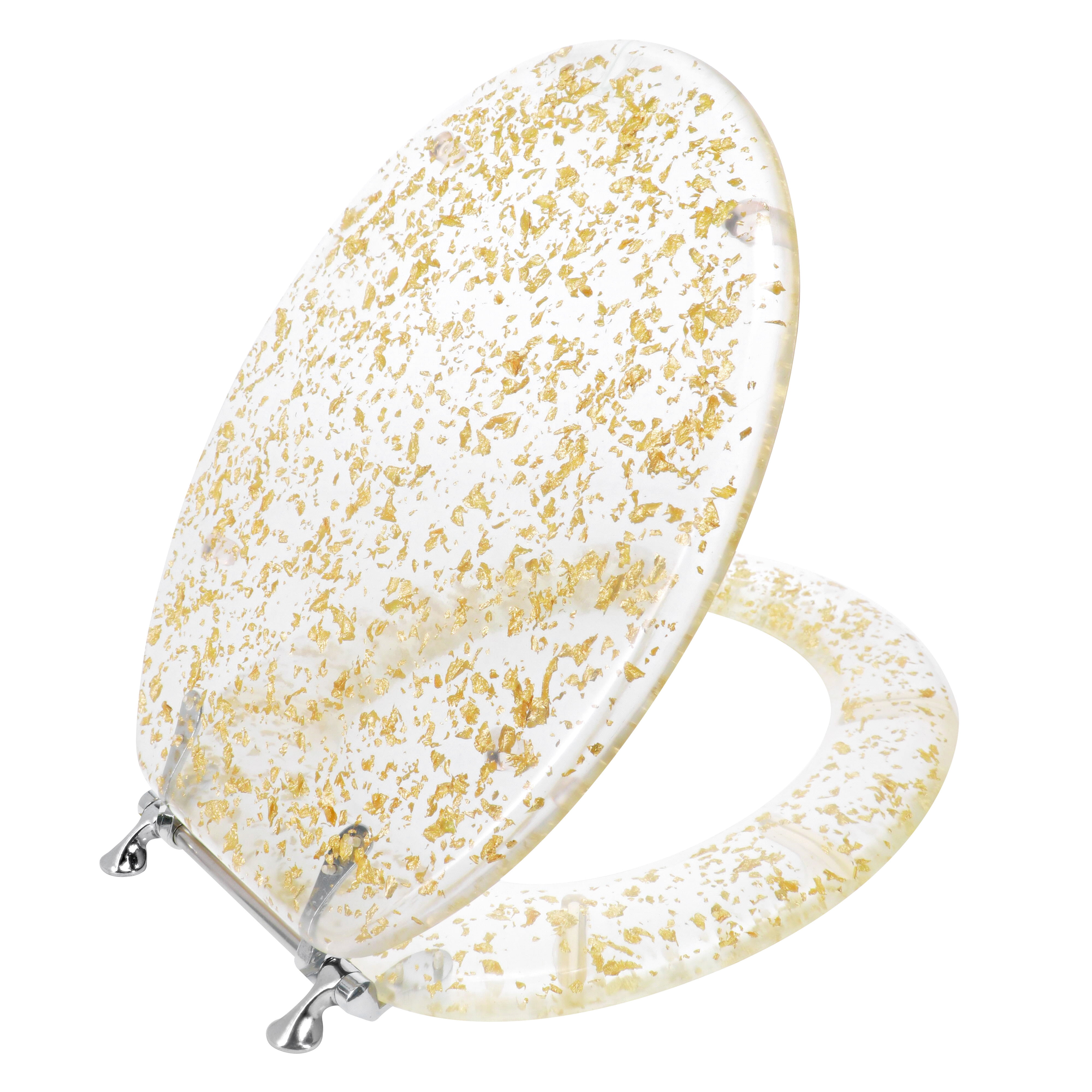 GOLD FOIL RESIN ACRYLIC TOILET SEAT ELONGATED ROUND WITH CHROME HINGES 