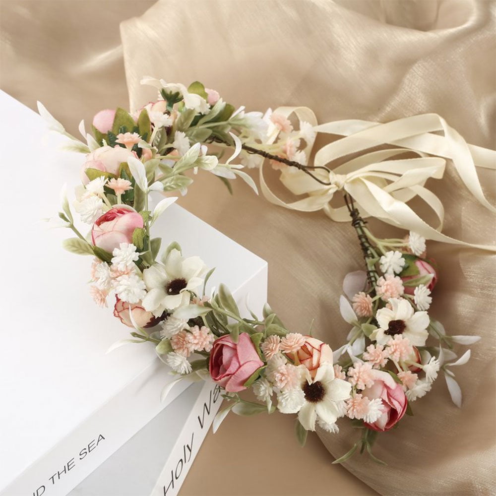 Couronne De Fleurs Pour Cheveux - Lot De 2 Avec Roses, Perles Et Ruban Beige Et Rose - Idéale Pour Mariages, Fêtes Et Cadeaux - 12