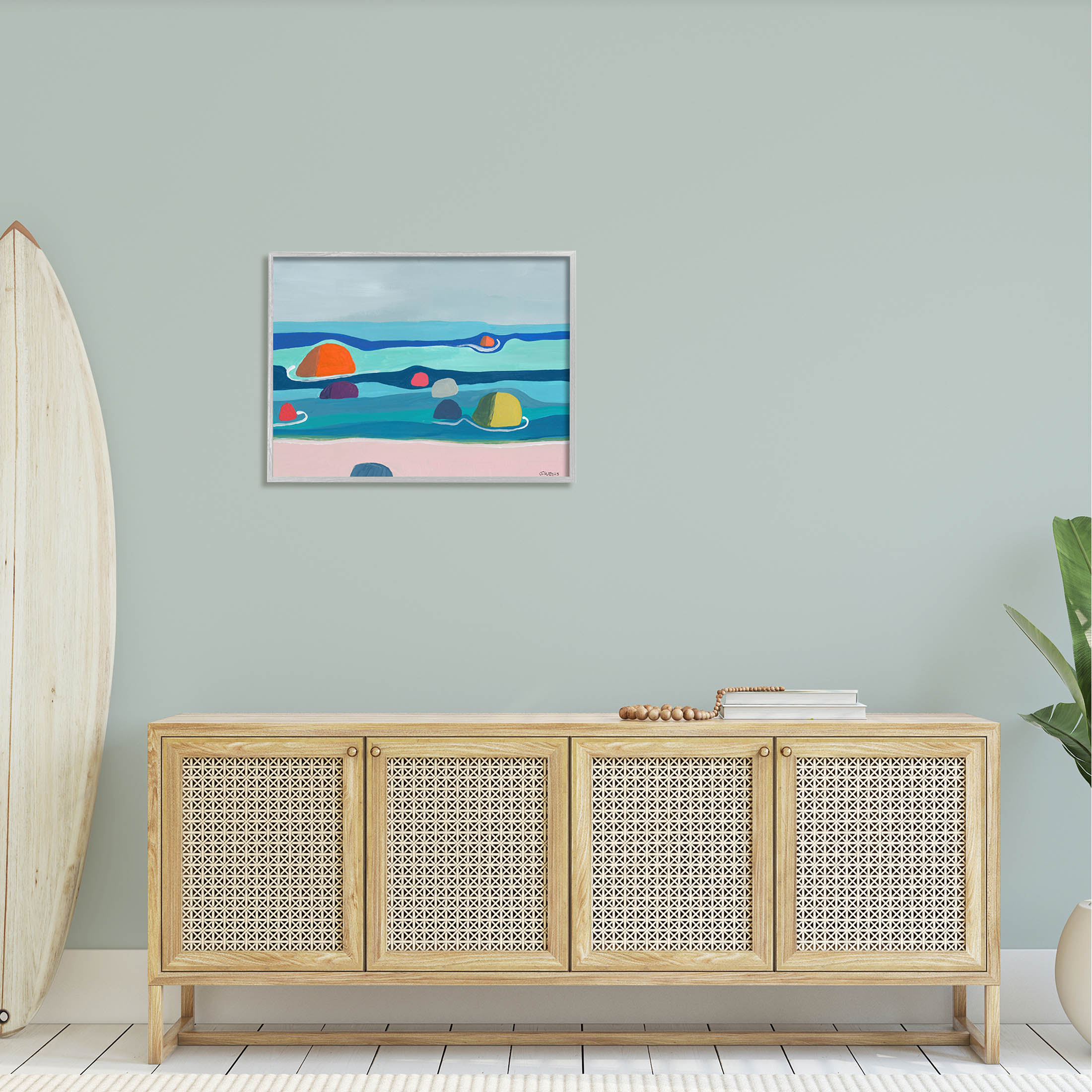 Modern Floating Beach Buoys Coastal Painting Gray Framed Art Print Wall Art
