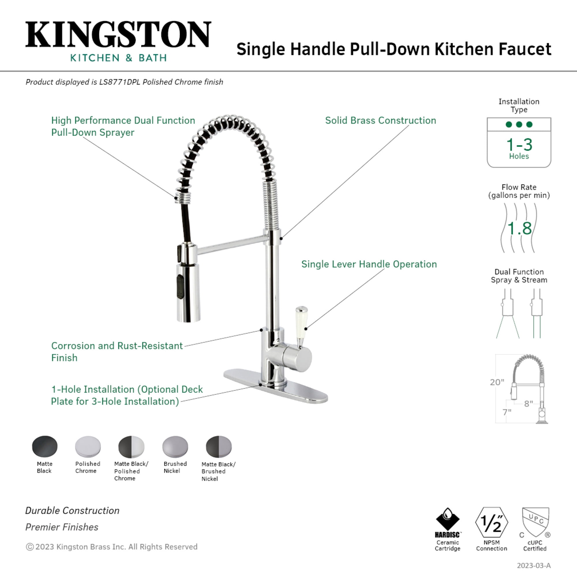 Gourmetier LS8777DPL Paris Single-Handle Deck-Mount Pre-Rinse Kitchen Faucet, Matte Black/Polished Chrome