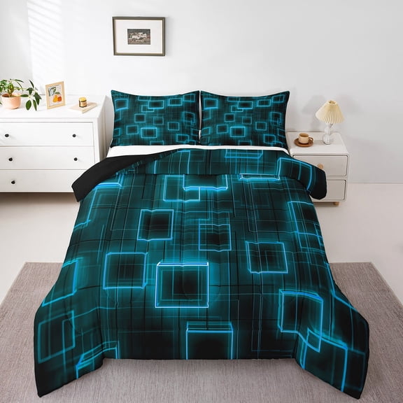 Geometry Bedding Set,Neon Square Blue Black Quilt Twin Size Adults,Geometric Strip Lines Comforter Set Modern Gradient Cubes Down Comforter