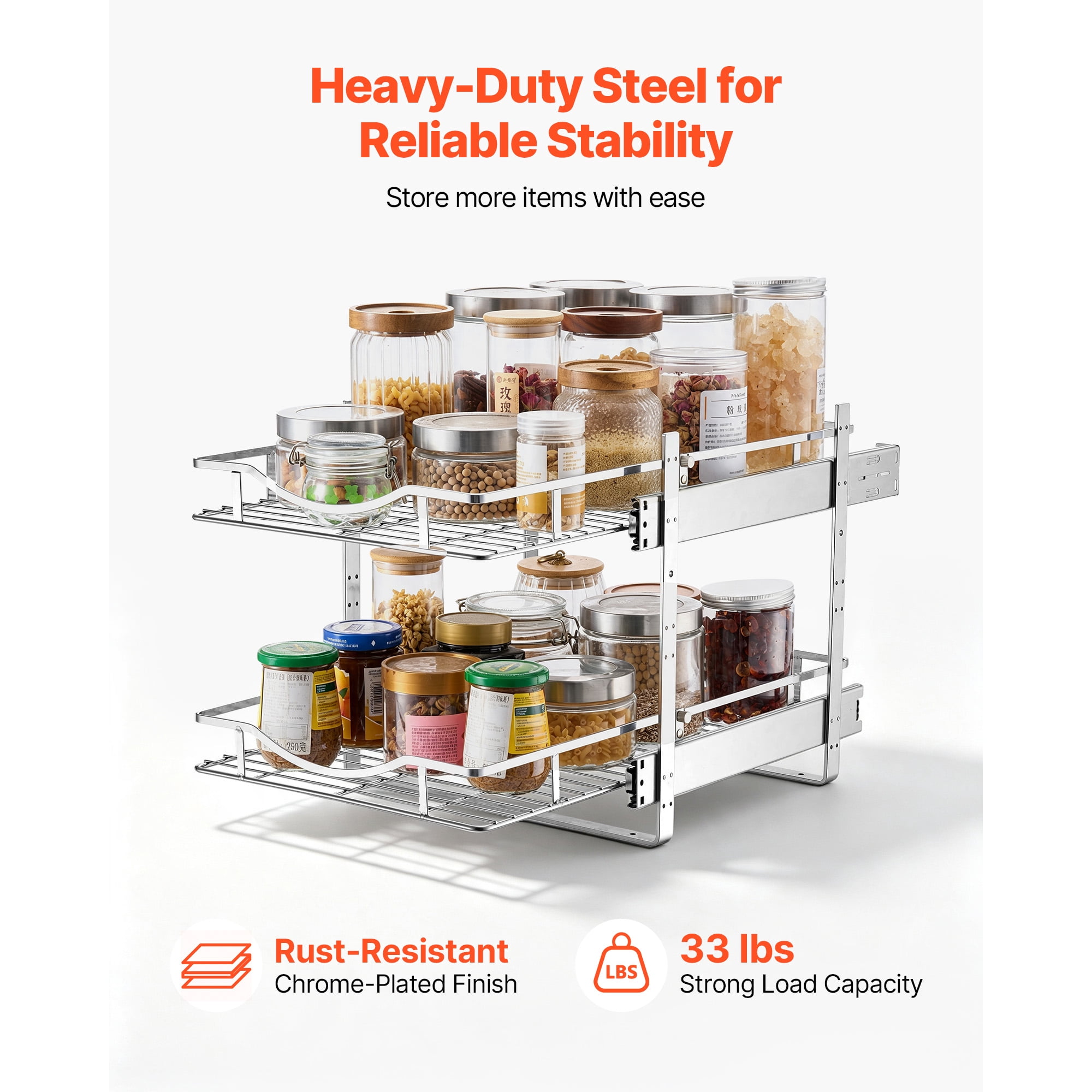 KFFKFF 2-Tier Slide-Out Cabinet Organizer, 14.17"W x 21.06"D, Chrome-Plated Steel Shelves for Kitchen, Bathroom, and Pantry Storage