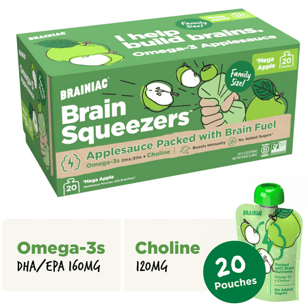 Brainiac Brain Squeezers Applesauce with Omega-3s, Apple, No Sugar Added, 3.2 oz, 20 Ct