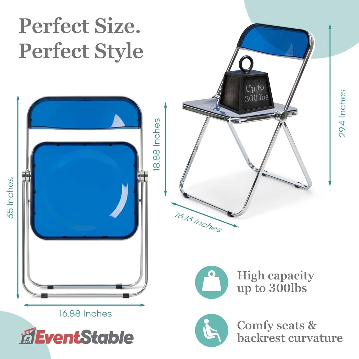 EventStable Clear Acrylic Folding Chair with Electroplate Chrome Frame, Lightweight Portable Seating Stackable Comfortable Chair for Indoor Outdoor Dining, Events & Parties - Cobalt Blue - 4-Pack