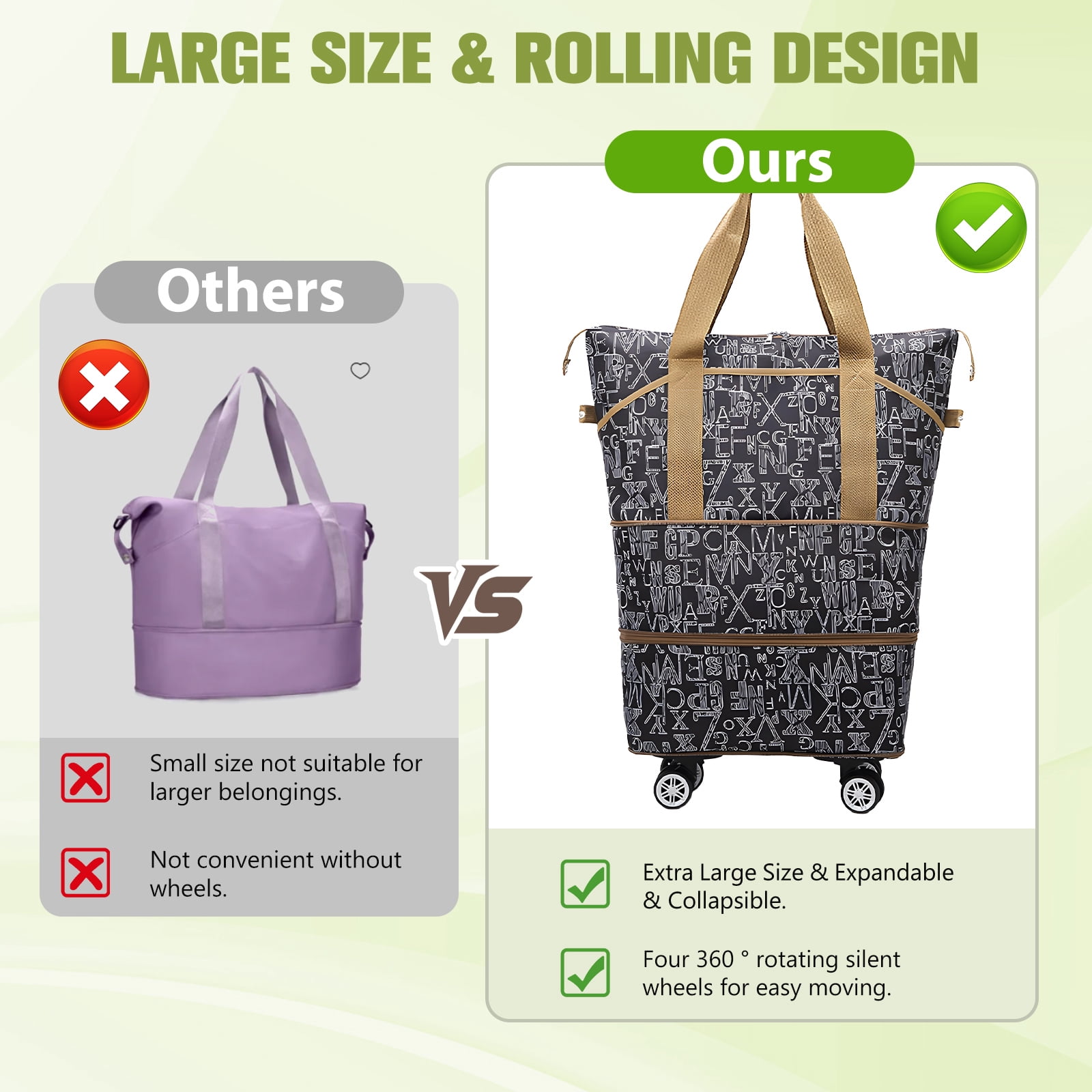 WOOW DEPOT Expandable Rolling Travel Bag, w/ 4 Detachable 360° Wheels & Trolley Sleeve, Foldable Luggage Bag Waterproof Carry On Overnight Tote Storage Duffle Bag for Gym House Moving Camping
