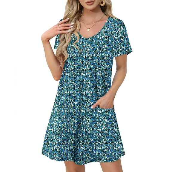 UVN Summer Dresses for Women V Neck Short Sleeve T Shirt Dress Casual Beach Sundress with Pockets