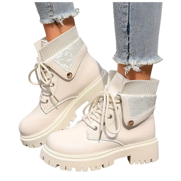 Rokment Platform Chunky Combat Boots for Women 2025 Fashion Floral Foldover Mid Calf Riding Ankle Booties Black White Winter Fall Shoes Beige Size 6.5