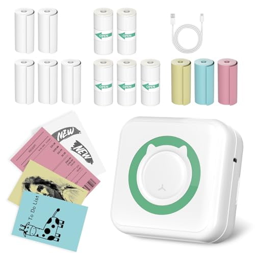Impresora portátil Geyrut, mini impresora térmica, impresora de etiquetas sin tinta, Bluetooth, de bolsillo, con 13 rollos de papel y múltiples plantillas.