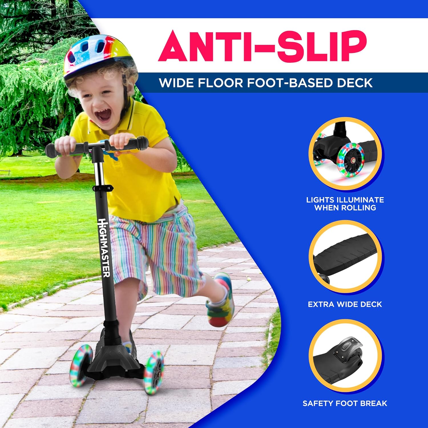 Highmaster 3-Wheel Toddler Scooter for 2 to 8 Year Old boy - 3 Wheeled Kids Scooter with Light Up Wheels, Safe and Fun Ride for Kids - Black