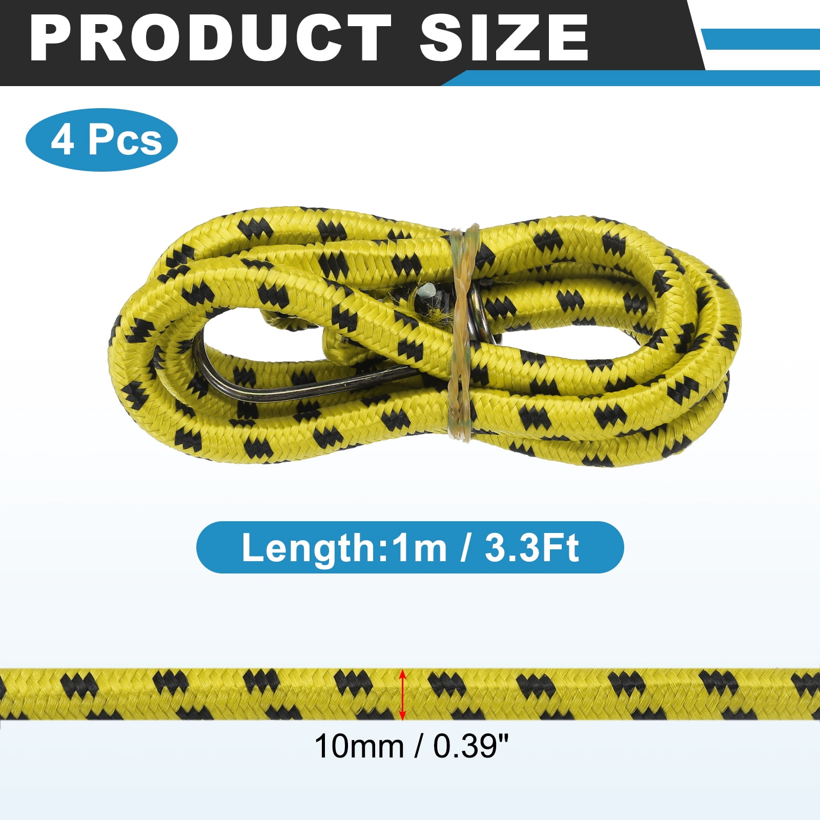 Uxcell 3/8" x 3.3ft Marine Grade Bungee Cord with Hooks, 4Pcs Rubber Heavy Duty Outdoor Elastic Straps Kayak Stretch String Rope for Securing Luggage Moving Cargo, Yellow
