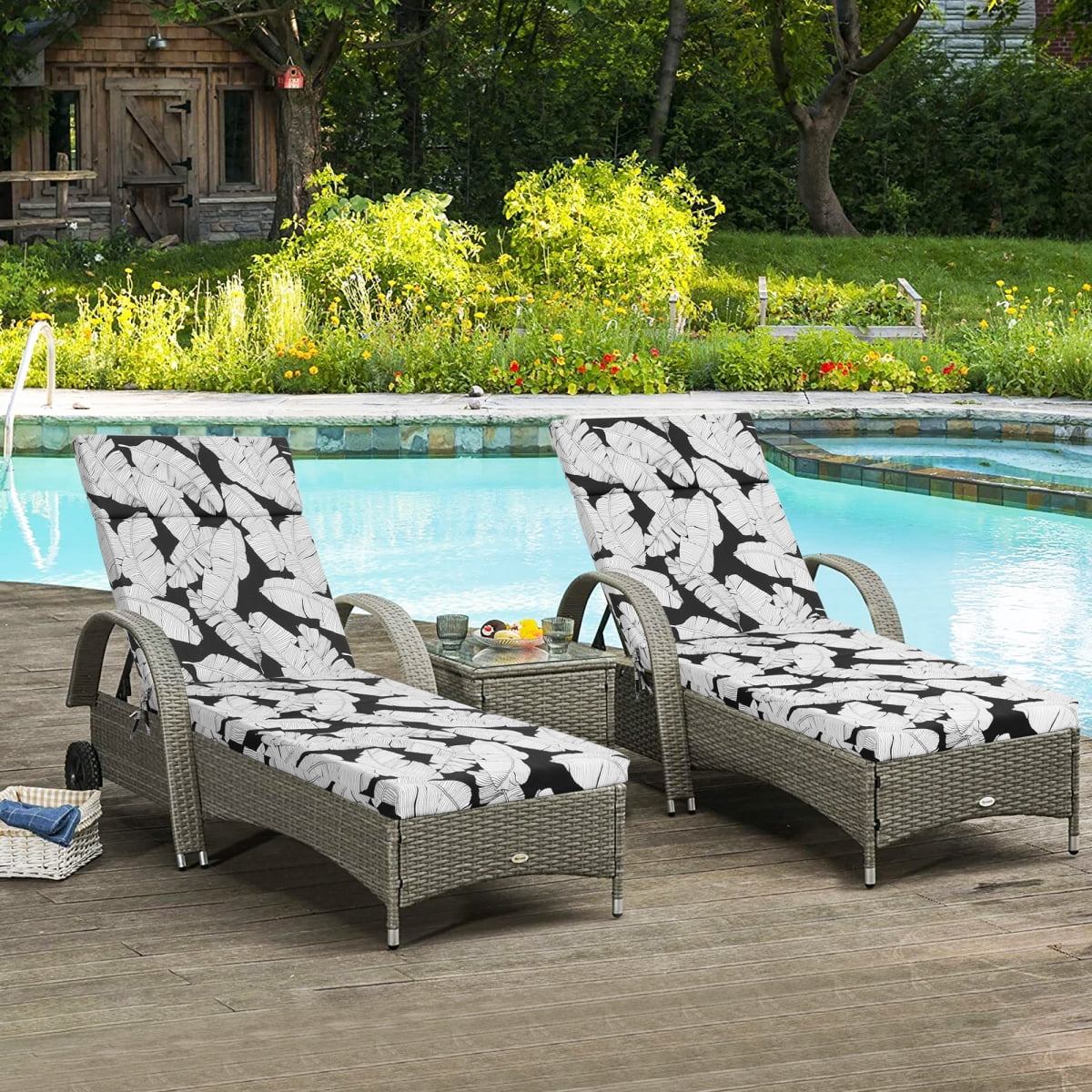 Newboti Furniture 2 Pcs Set Indoor/Outdoor Chaise Lounge Chair Cushion Outdoor Furniture Cushion with Ties, Patio Seat Cushion for Lawn,Pool & Beach,75" x 22.8" x 2" (Black/Leaf) BN.1405