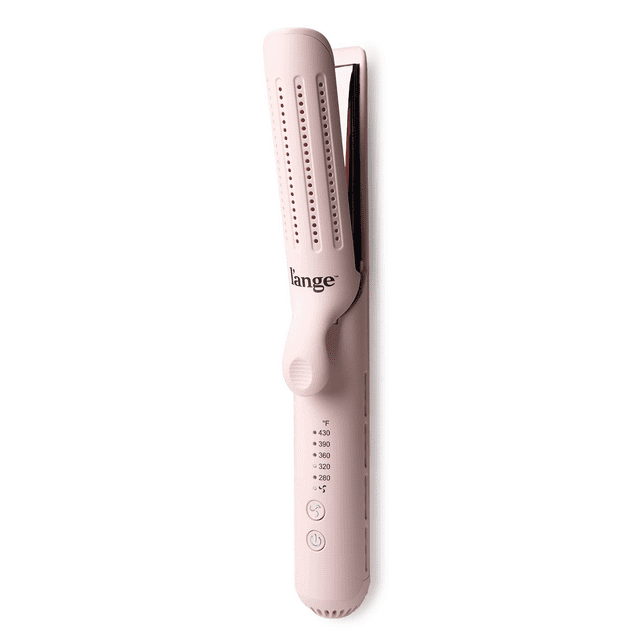 L'ange Hair Le Duo 360° Airflow Styler in soft pink, a 2-in-1 curling wand and titanium flat iron hair straightener with cooling air vents, adjustable temperature from 280°F to 430°F, LED indicators, ergonomic clip, and 360° swivel cord for versatile hair styling.