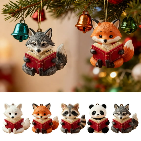 HomeDM Animal Ornaments for Christmas Tree 2D Flat Acrylic Car Rear View Mirror Hanging Pendant Cute Reading Ornament Animals Christmas Decoration Book Lovers Christmas Keepsake