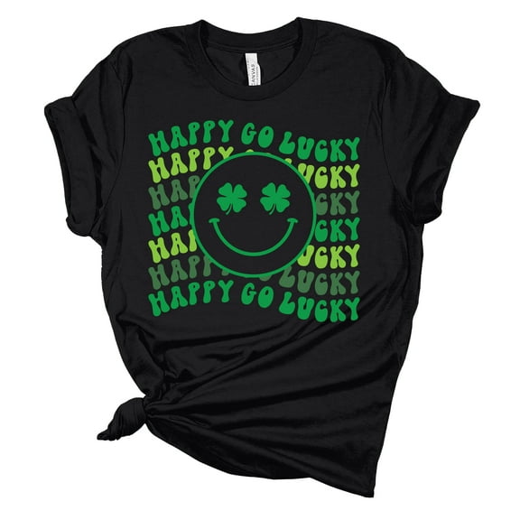 Womens Happy Go Lucky Shamrock Smile Face St. Patricks Day Unisex Fit Short Sleeve T-shirt Graphic Tee-Black-4xl