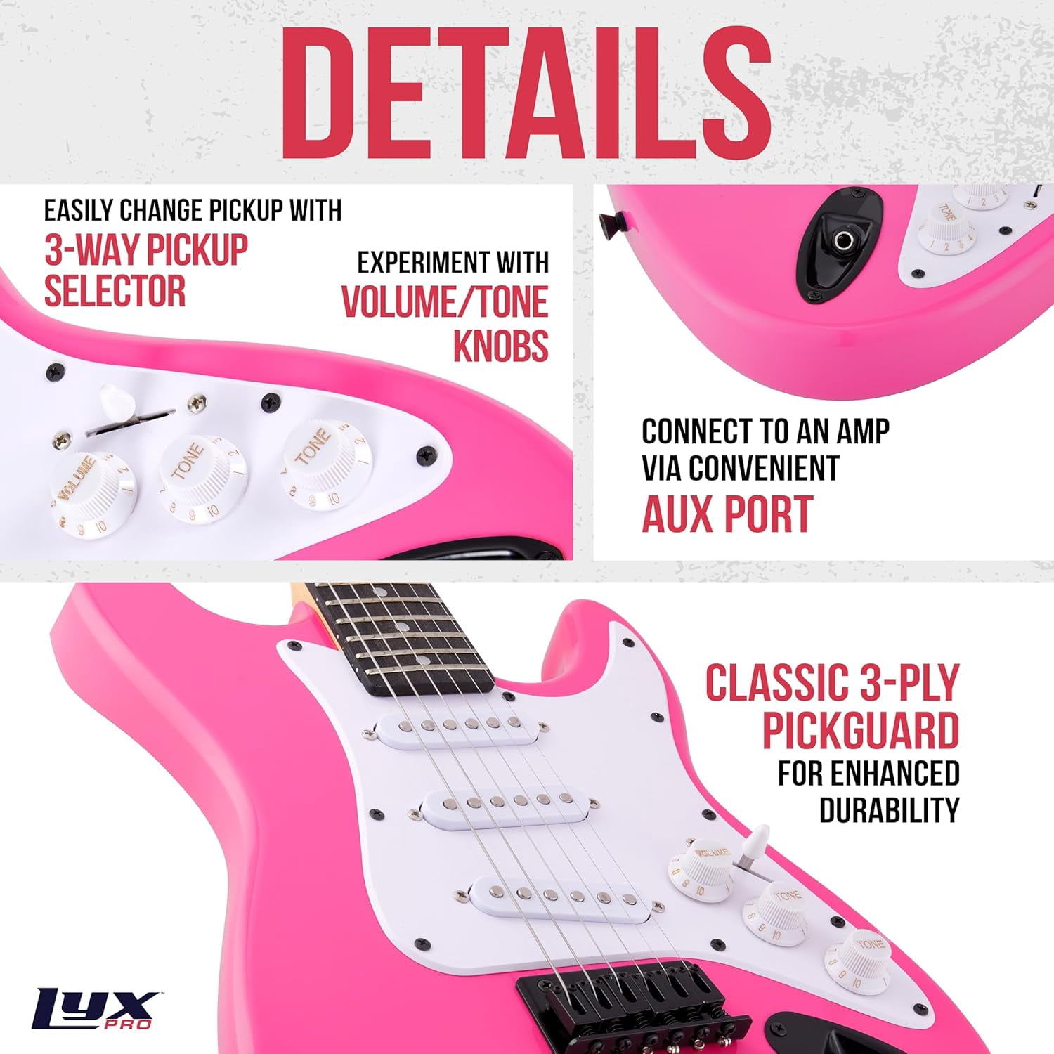 LyxPro 36-inch Electric Guitar with 20W Amp & Accessories for Beginners - Pink