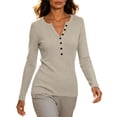 thumbnail image 4 of FAIWAD Women's Ribbed Knitted Tops Long Sleeve V Neck Button up Slim Fitted Casual Vacation Pullover, 4 of 8