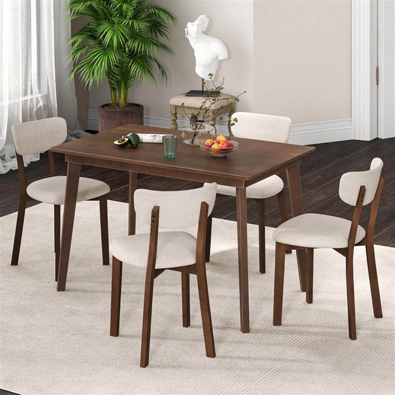 Demi Bonn 5-Piece Dining Table Set with 4 Chairs, 48" Kitchen Table with Rubber Wood Frame and Padded Set, Perfect for Small Space, Brown
