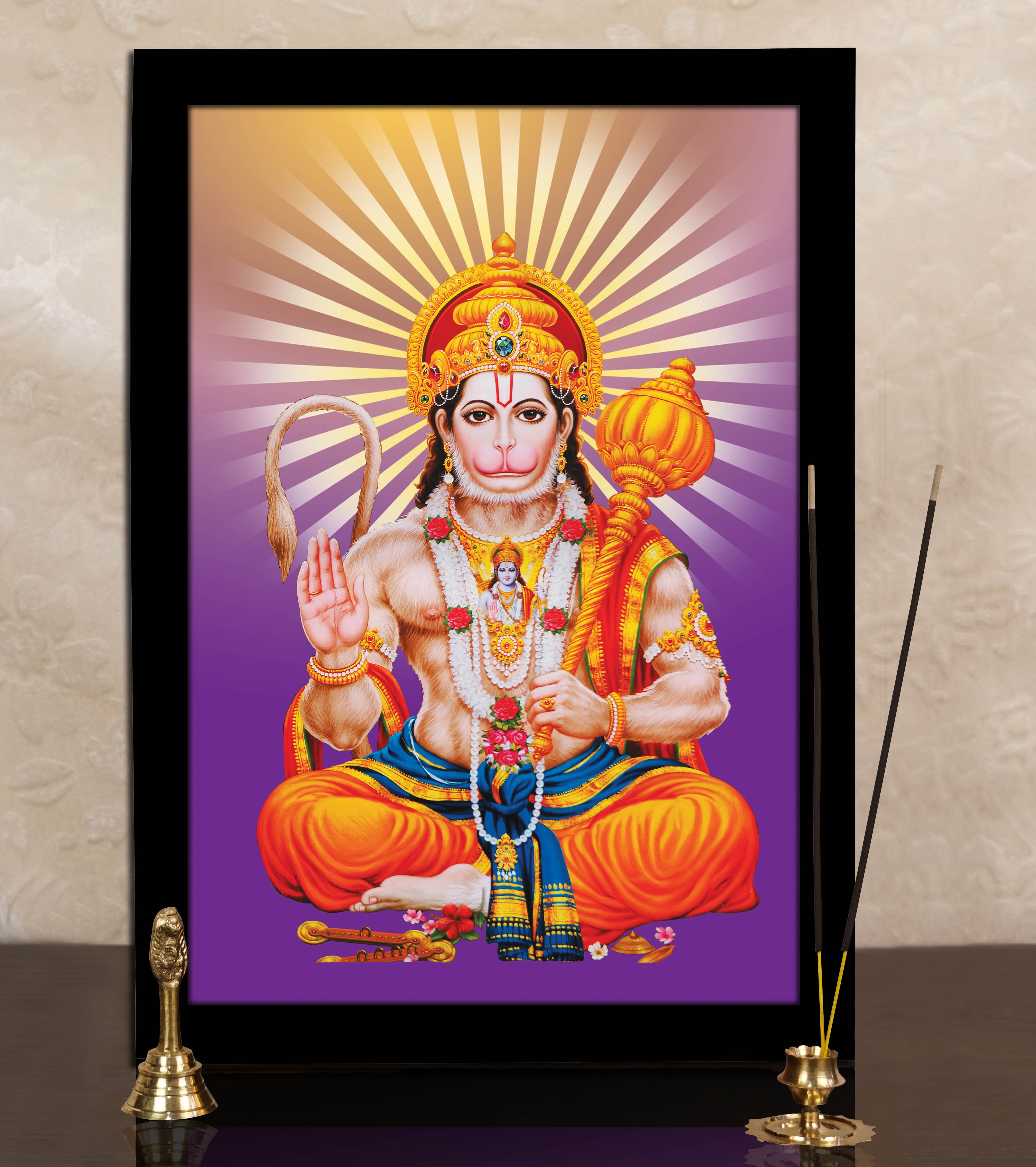 Hanuman Hindu God Photo with frame in Size 7" x 5" Choices of colour for  Frames 