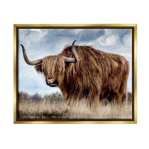 Stupell Industries Highland Cattle in Field Animals & Insects Painting Gold Floater Framed Canvas Art Print Wall Art, 31 x 25