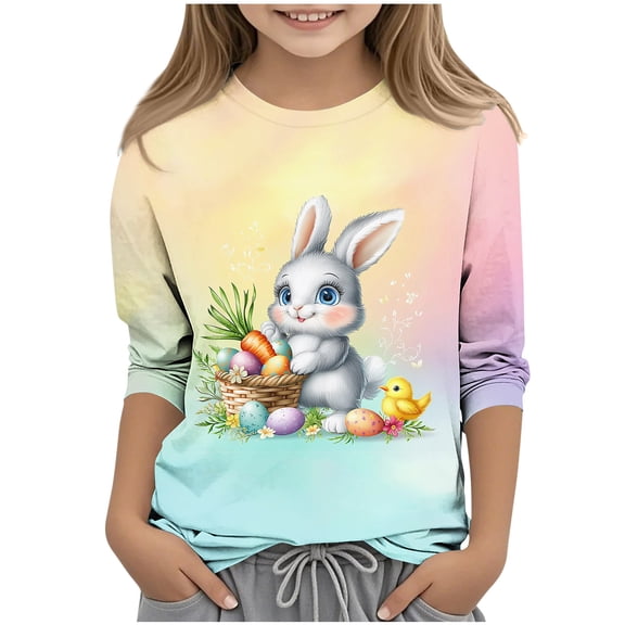 Girls Easter Bunny Long Sleeve T-Shirt Pastel Rainbow Green Spring Top for Kids & Kids Ages 3-12 Years Soft Stretchy,Size 3-4 T