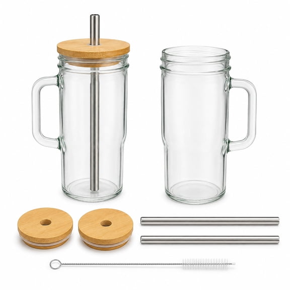 2-Pack Glass Tumbler Cups with Handles, Bamboo Lids, Stainless Steel Straws and Cleaning Brush for Iced Coffee and Cold Drinks