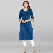 Janasya Indian Round Neck 3/4 Sleeve Woven Design Blue Cotton Kurta For Women