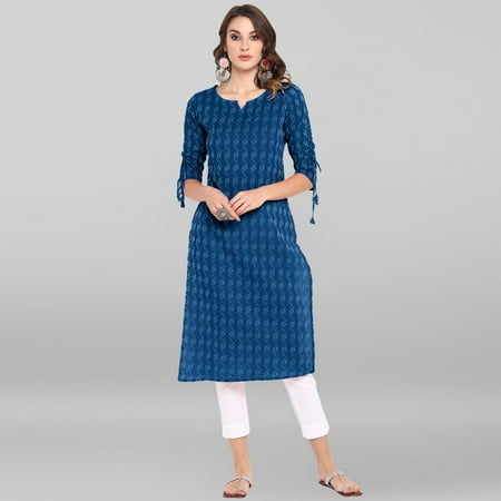 Janasya Indian Round Neck 3/4 Sleeve Woven Design Blue Cotton Kurta For Women