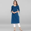 Janasya Indian Round Neck 3/4 Sleeve Woven Design Blue Cotton Kurta For Women