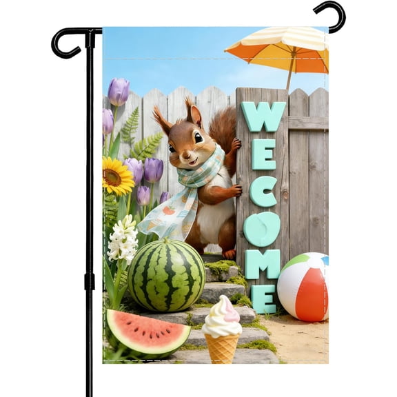 Garden Flag Summer Welcome Squirrel Design Double Sided Burlap 12 x 18 Inches Multicolor Outdoor Decoration