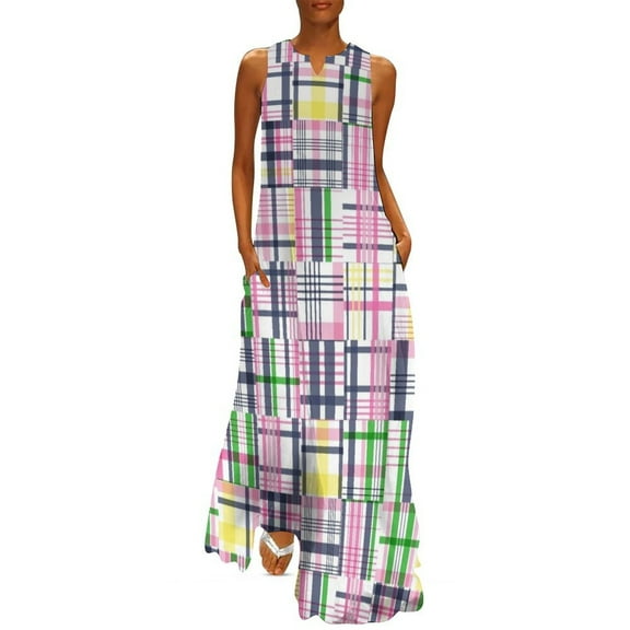 Preppy Pink Patchwork Madras Long Dress Women's dresses women formal occasion dresses Long dress dress