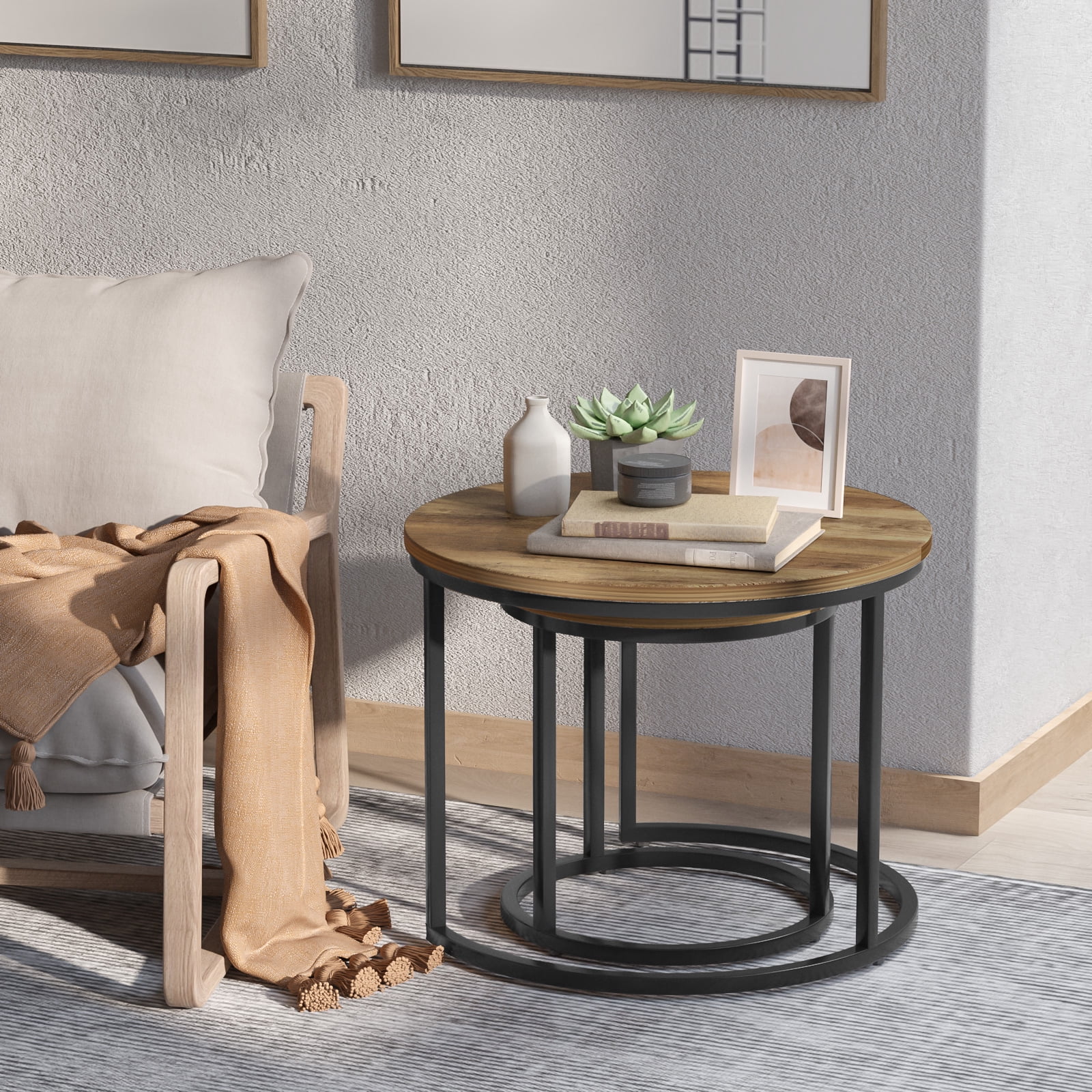 Algherohein Round Nesting Coffee Table Modern Set of 2 for Living Room Brown