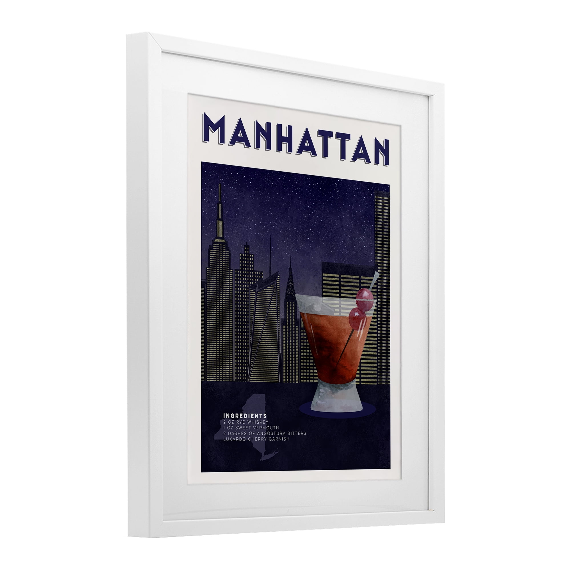 Retro Manhattan Cocktail Cityscape White Framed Print Under Glass, design by Brett Blumenthal